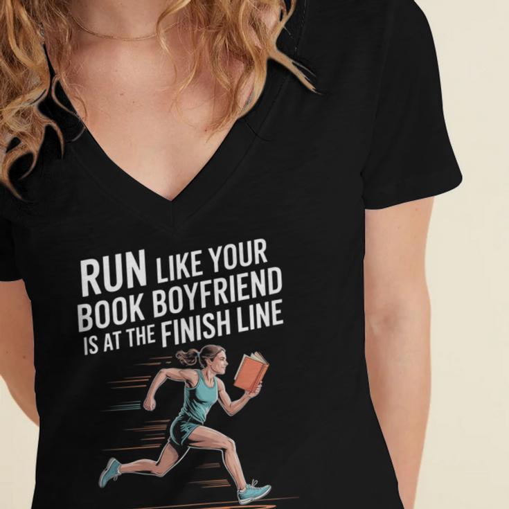 Run Like Your Book Boyfriend Is Waiting Runner Reader Women's Jersey Short Sleeve Deep V-Neck Tshirt Run Like Your Book Boyfriend Is Waiting Runner Reader Women's Jersey Short Sleeve Deep V-Neck Tshirt