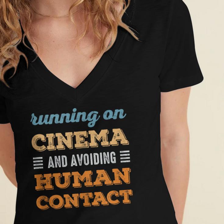 Running On Cinema Social Introvert Humor Vintage Women's Jersey Short Sleeve Deep V-Neck Tshirt