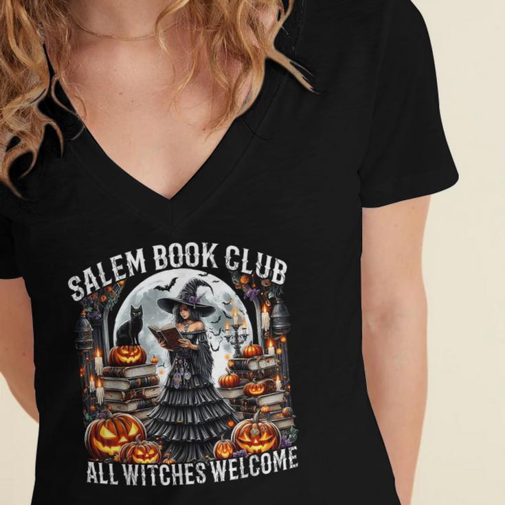 Salem Book Club Gothic Witch Vintage Halloween Art Women's Jersey Short Sleeve Deep V-Neck Tshirt