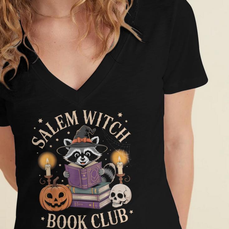 Salem Witch Book Club Bookish Halloween Raccoon Witchcraft Women's Jersey Short Sleeve Deep V-Neck Tshirt