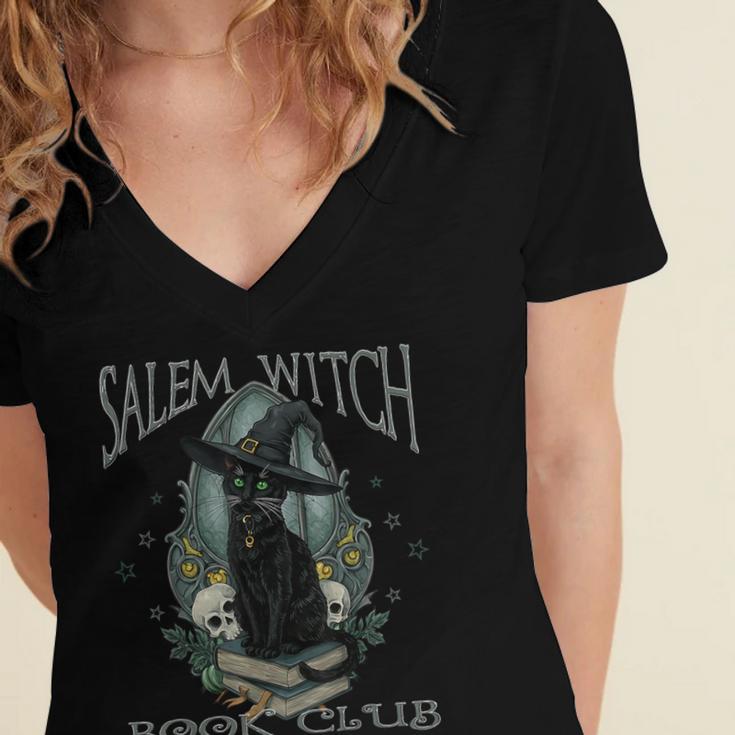 Salem Witch Book Club Cat Reading Witchy Halloween Men Women's Jersey Short Sleeve Deep V-Neck Tshirt