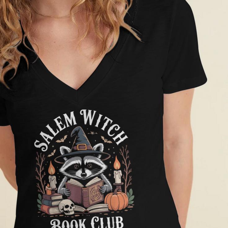 Salem Witch Book Club Raccoon Halloween Women's Jersey Short Sleeve Deep V-Neck Tshirt