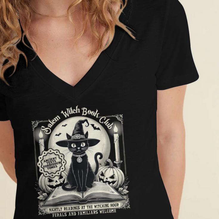 Salem Witch Book Club Vintage Halloween Cat Book Lover Women's Jersey Short Sleeve Deep V-Neck Tshirt Salem Witch Book Club Vintage Halloween Cat Book Lover Women's Jersey Short Sleeve Deep V-Neck Tshirt