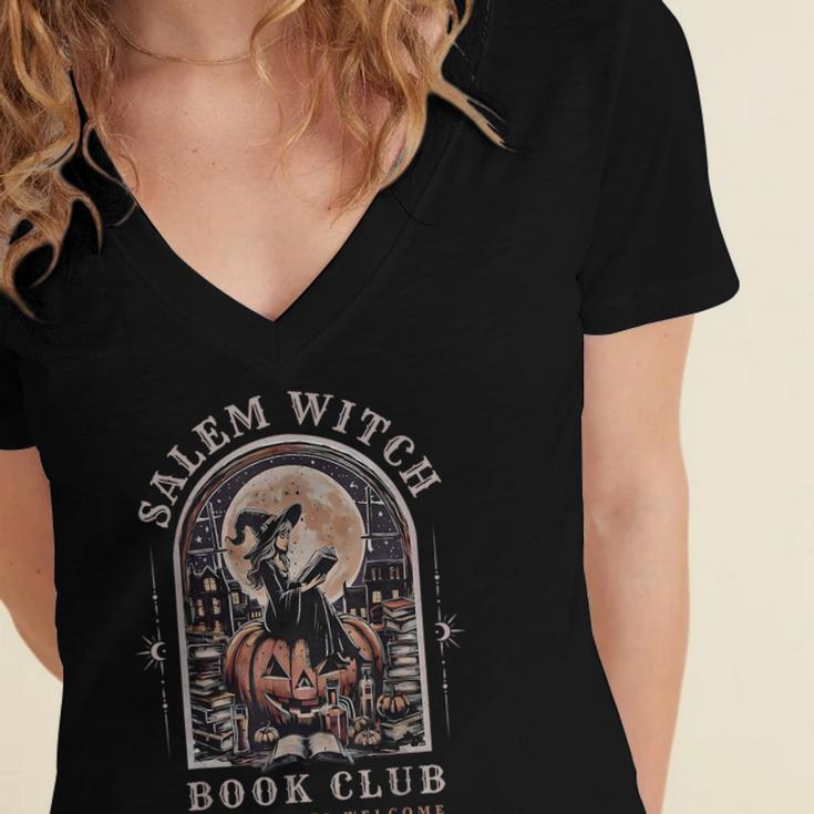 Salem Witch Book Club All Witches Welcome Spooky Halloween Women's Jersey Short Sleeve Deep V-Neck Tshirt