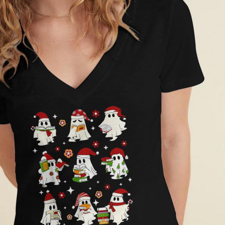 Santa Ghost Reading Books Christmas Library Teacher Women's Jersey Short Sleeve Deep V-Neck Tshirt