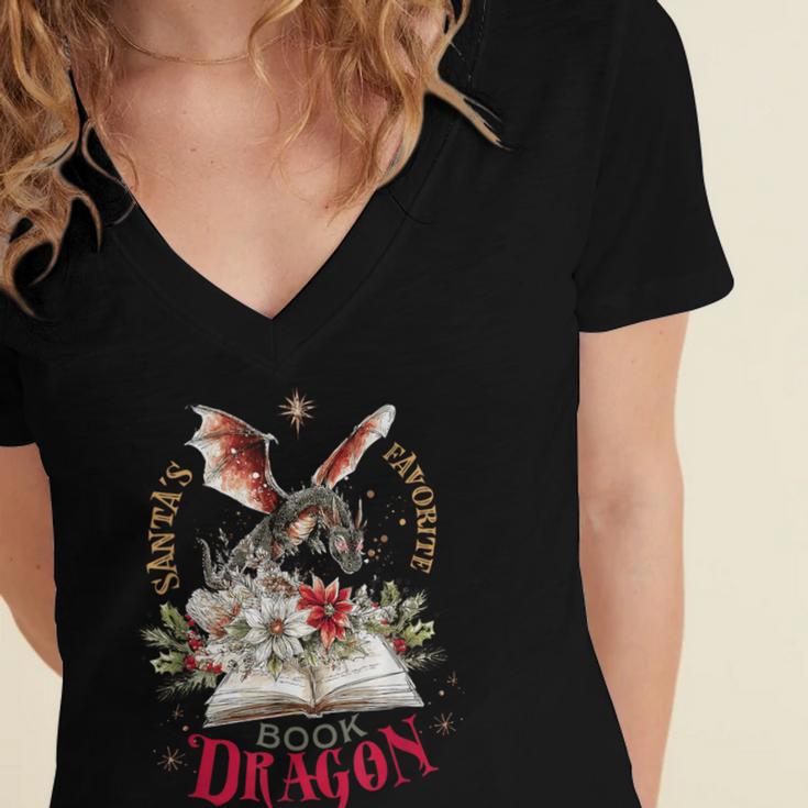 Santa's Favorite Book Dragon Christmas Magic Women's Jersey Short Sleeve Deep V-Neck Tshirt Santa's Favorite Book Dragon Christmas Magic Women's Jersey Short Sleeve Deep V-Neck Tshirt