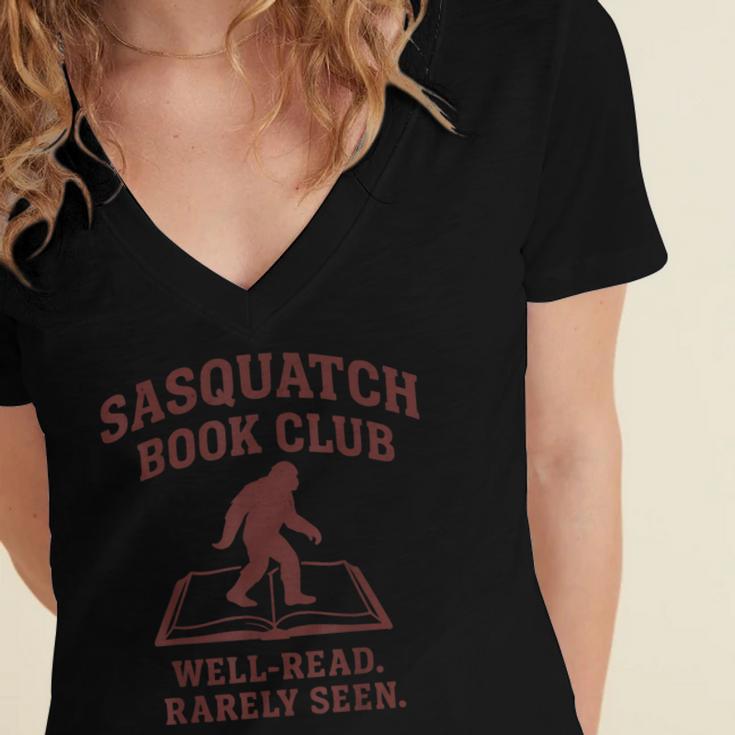 Sasquatch Book Club Bigfoot Reading Cryptid Vintage Women's Jersey Short Sleeve Deep V-Neck Tshirt