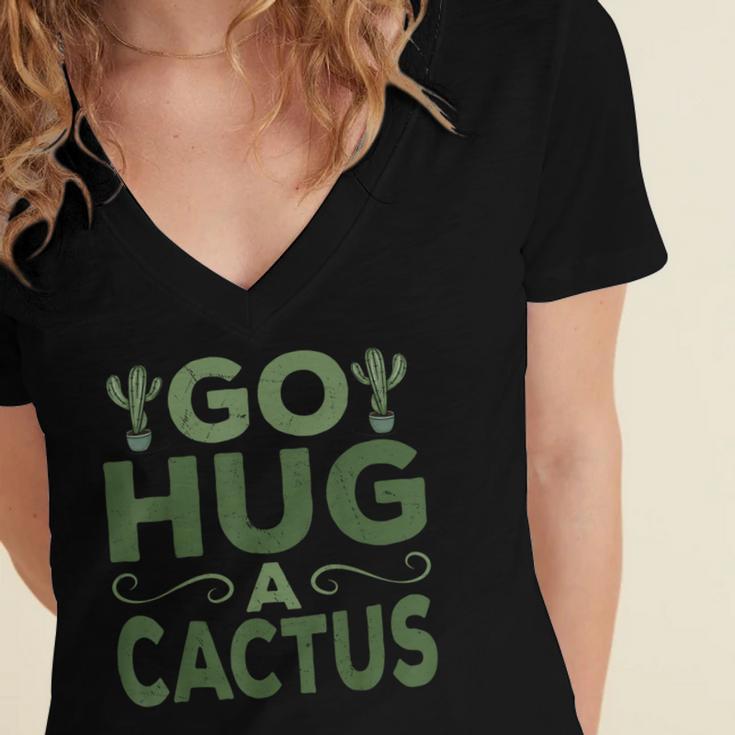 Sassy Saying Go Hug Cactus Introverts Sassy Quote No Hugs Women's Jersey Short Sleeve Deep V-Neck Tshirt