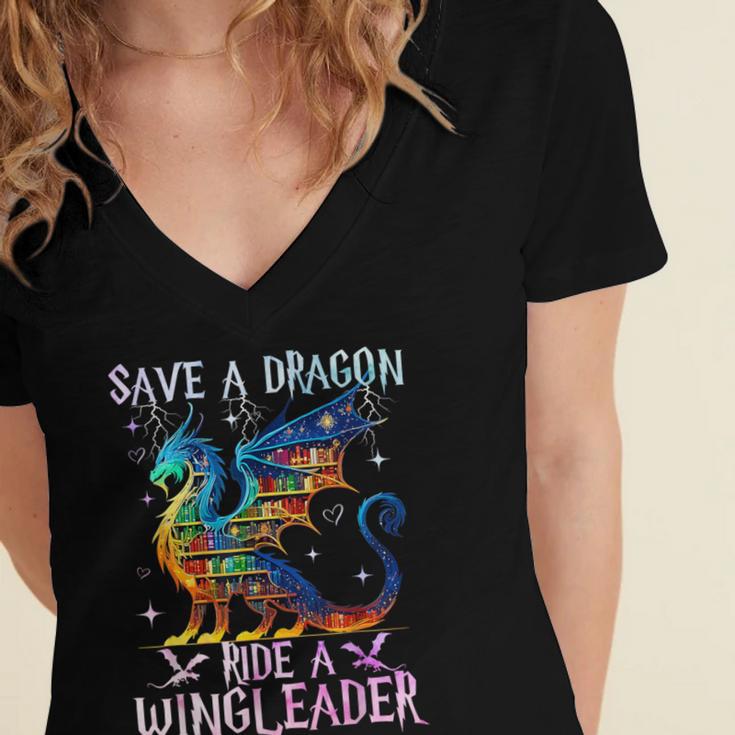 Save A Dragon Ride A Wingleader Books Dragon Lover Cute Women's Jersey Short Sleeve Deep V-Neck Tshirt