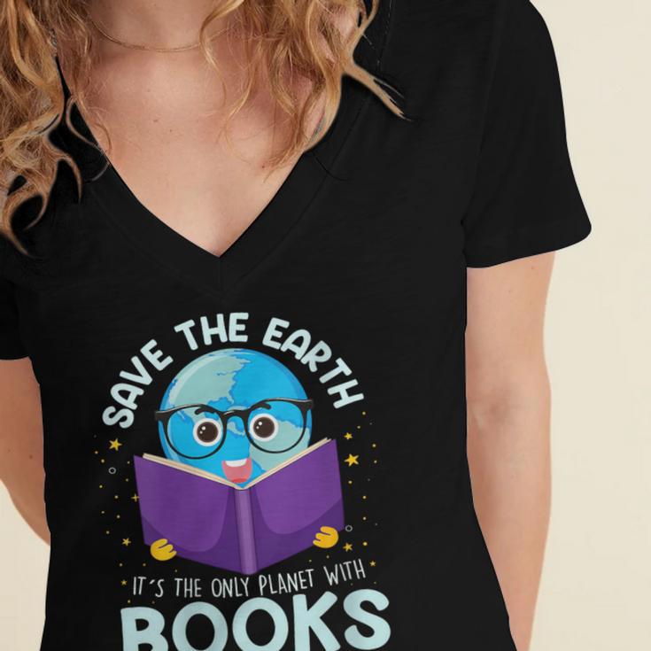 Save Earth It´s Only Planet With Books Reader Earth Day Women's Jersey Short Sleeve Deep V-Neck Tshirt