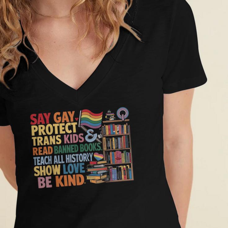 Say Gay Protect Trans Kids Read Banned Books LGBTQ Gay Pride Women's Jersey Short Sleeve Deep V-Neck Tshirt