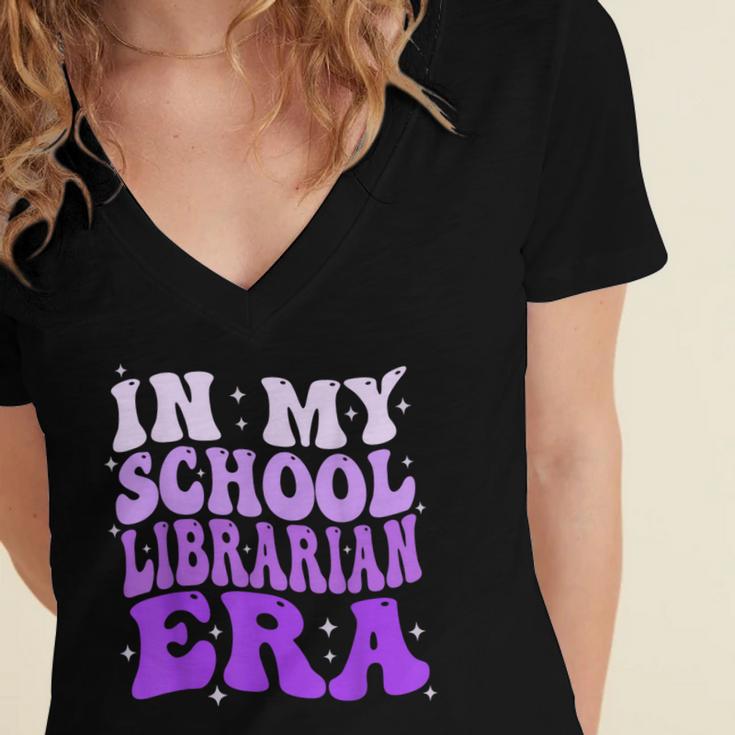 In My School Librarian Era Groovy Back To School Book Lover Women's Jersey Short Sleeve Deep V-Neck Tshirt