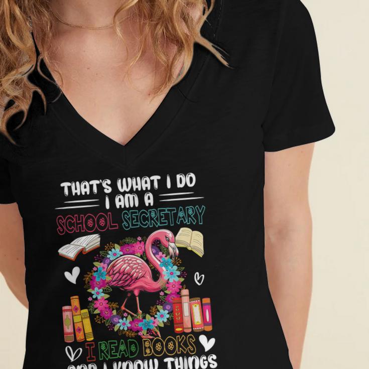 School Secretary Read Books And Know Things Flowers Flamingo Women's Jersey Short Sleeve Deep V-Neck Tshirt