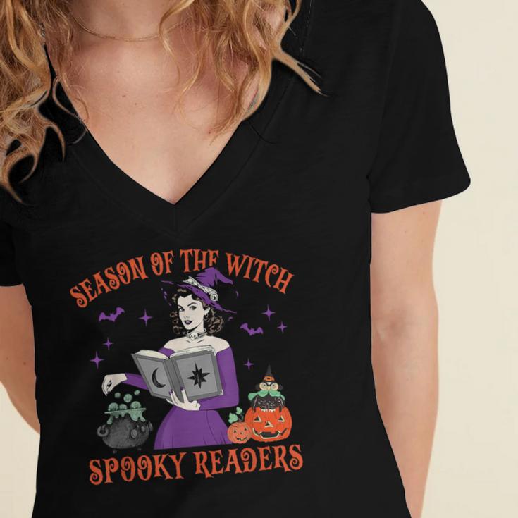 Season Of The Witch Spooky Readers Spell Book Hallowen Women's Jersey Short Sleeve Deep V-Neck Tshirt