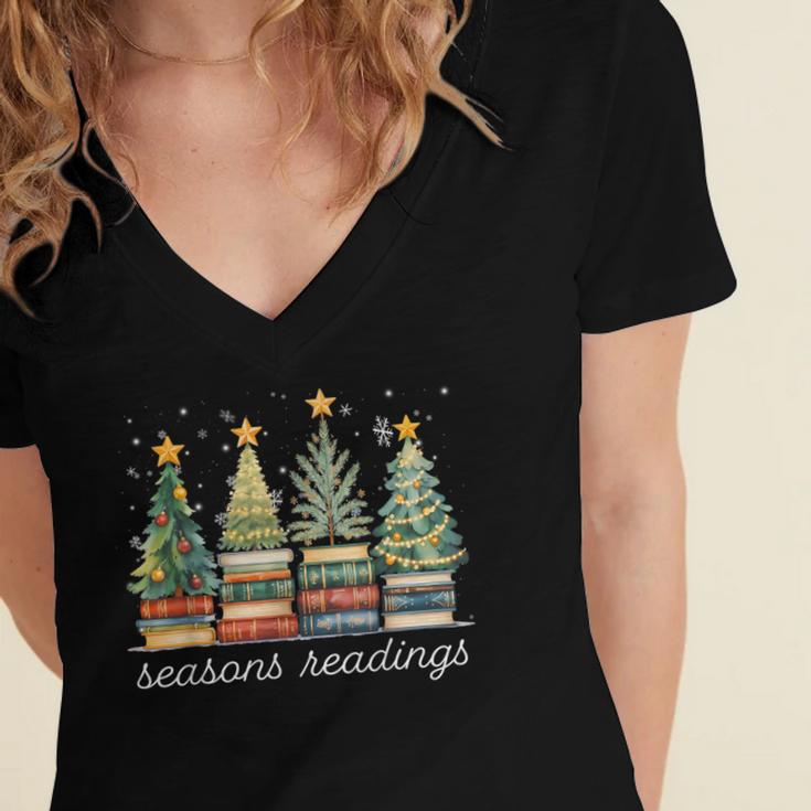 Seasons Readings All Booked For Christmas Book Reading Lover Women's Jersey Short Sleeve Deep V-Neck Tshirt
