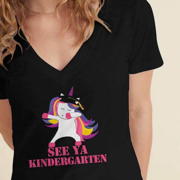 See Ya Kindergarten DABBING Unicorn Graduation Meme Women's Jersey Short Sleeve Deep V-Neck Tshirt