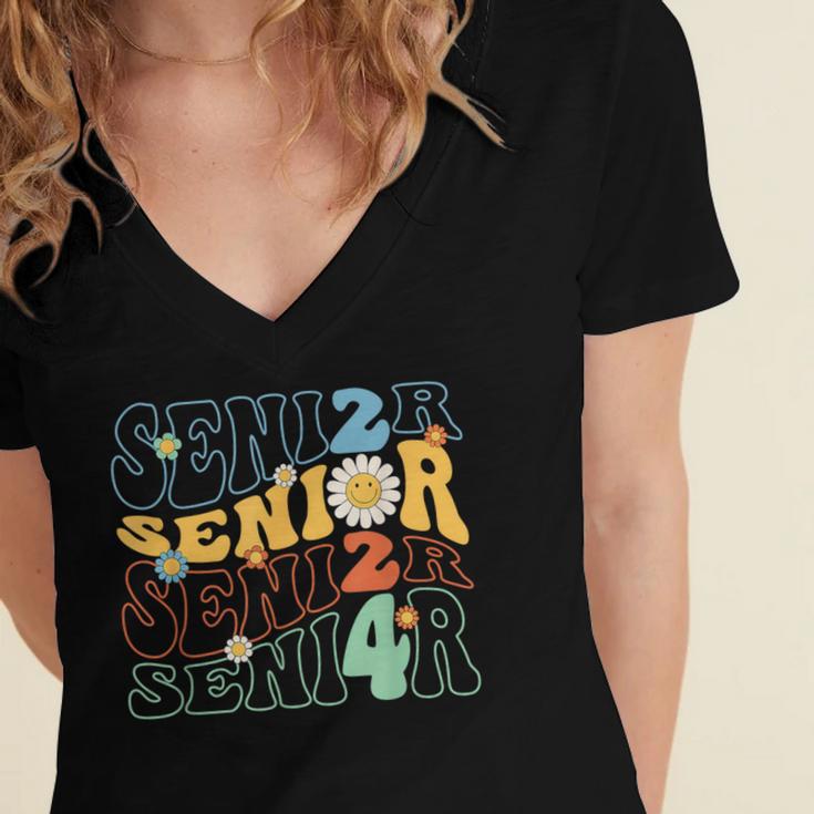Senior 2024 Groovy Retro Class Of 2024 Graduation Senior 24 Women's Jersey Short Sleeve Deep V-Neck Tshirt