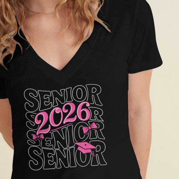 Senior 2026 Class Of 2026 Coquette Pink Bow Graduation Moms Women's Jersey Short Sleeve Deep V-Neck Tshirt
