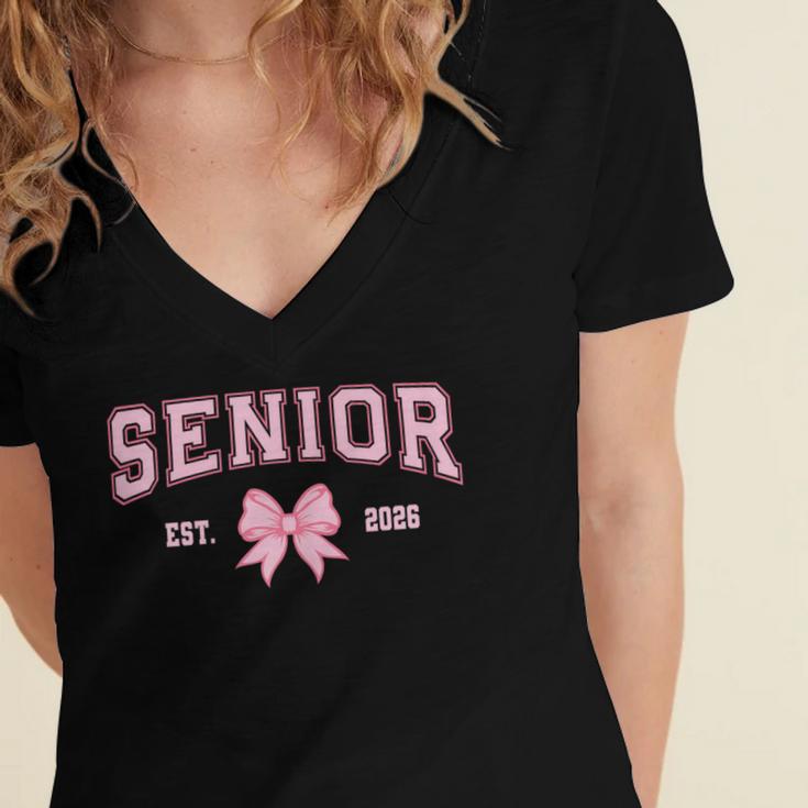 Senior 2026 Class Of 2026 Coquette Pink Bow Graduation 2026 Women's Jersey Short Sleeve Deep V-Neck Tshirt