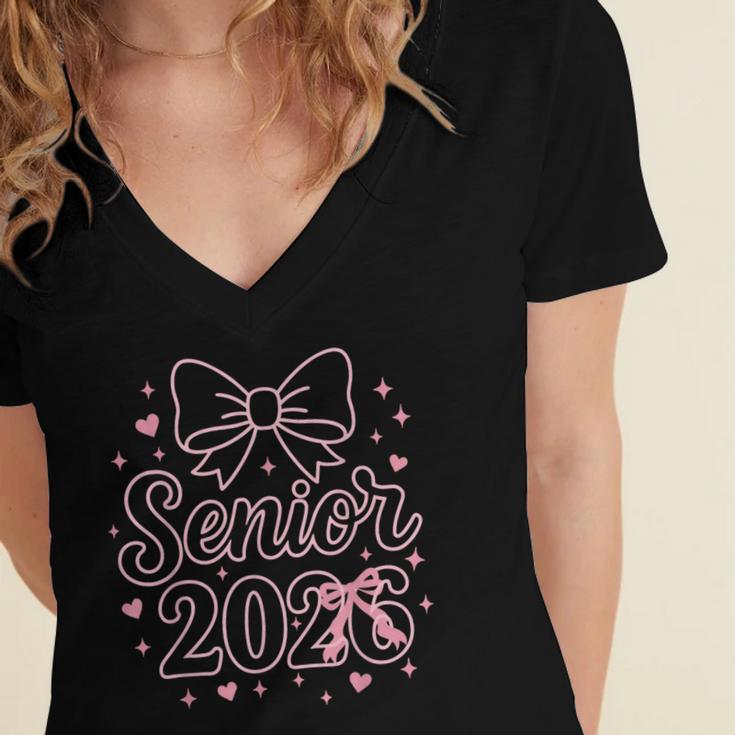 Senior 2026 Class Of 2026 Coquette Pink Bow Graduation Women's Jersey Short Sleeve Deep V-Neck Tshirt
