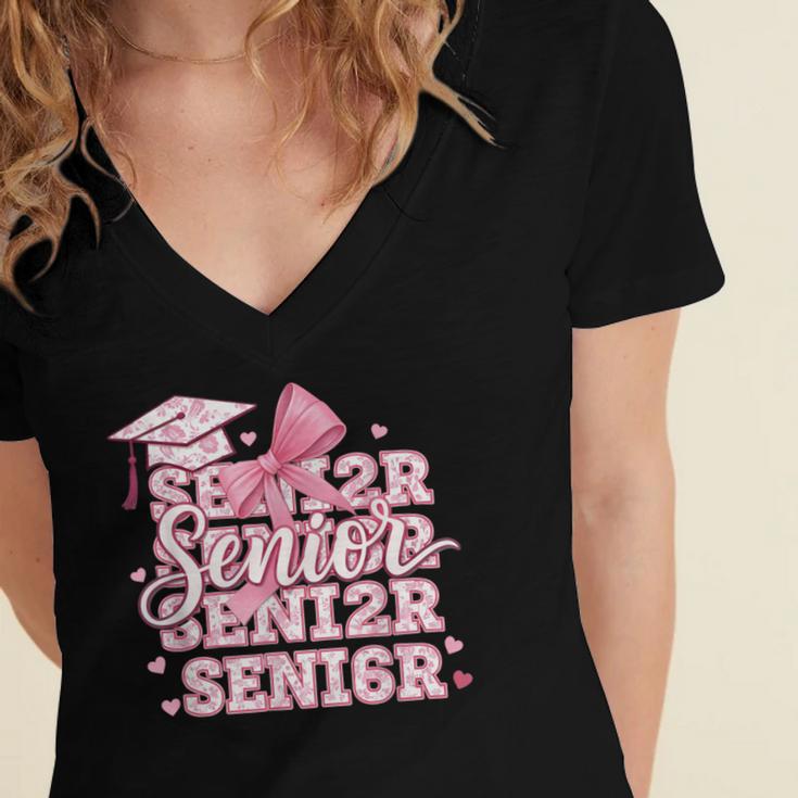 Senior 2026 Class Of 2026 Cute Coquette Pink Bow Graduation Women's Jersey Short Sleeve Deep V-Neck Tshirt