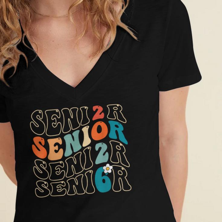 Senior 2026 Class Of 2026 Retro Groovy Graduation Grad Women Women's Jersey Short Sleeve Deep V-Neck Tshirt