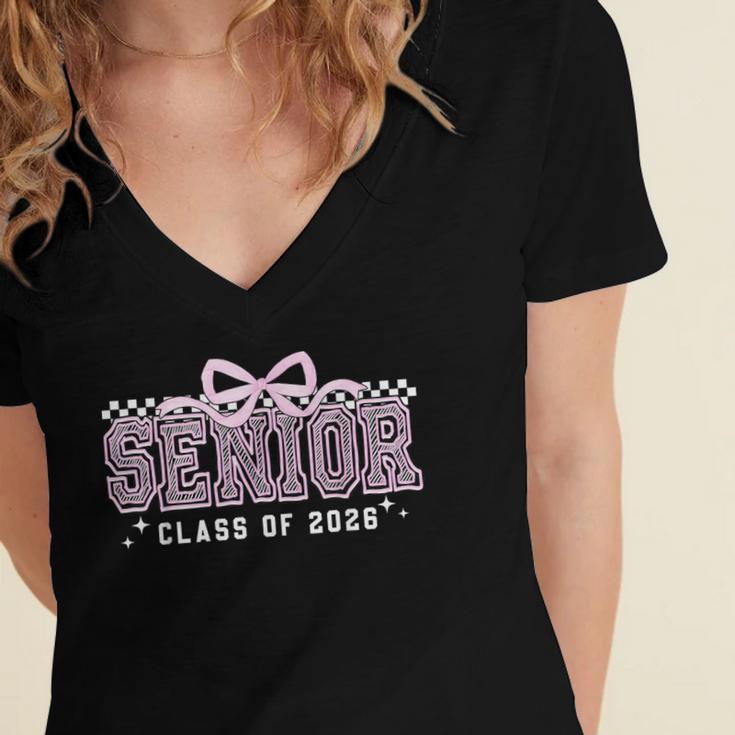 Senior 2026 Coquette Bow Class Of 2026 Graduation Graduate Women's Jersey Short Sleeve Deep V-Neck Tshirt