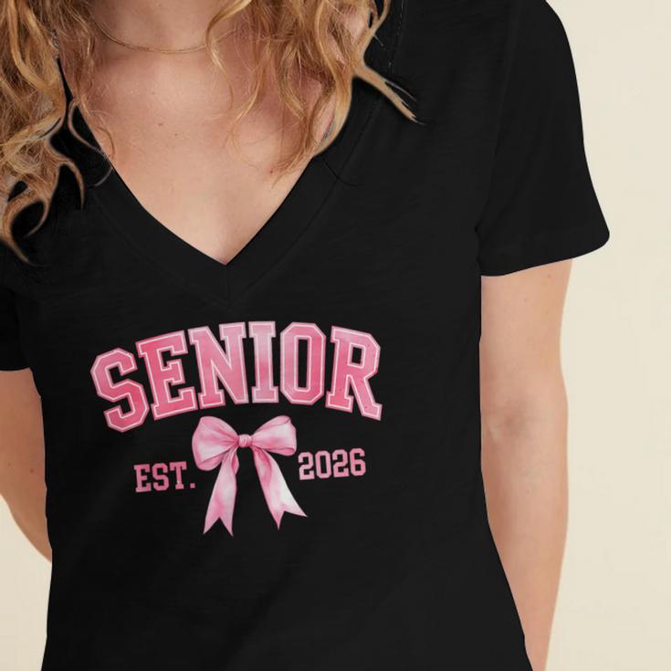Senior 2026 Coquette Pink Bow Class Of 2026 Graduation Girls Women's Jersey Short Sleeve Deep V-Neck Tshirt