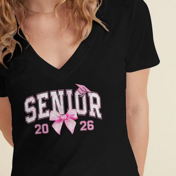 Senior 2026 Coquette Pink Bow Girls Class Of 2026 Graduation Women's Jersey Short Sleeve Deep V-Neck Tshirt