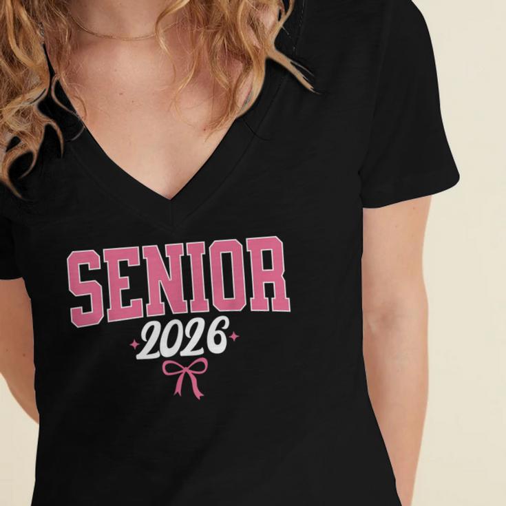 Senior 2026 Pink Coquette Bow Class Of 2026 Graduation Women Women's Jersey Short Sleeve Deep V-Neck Tshirt