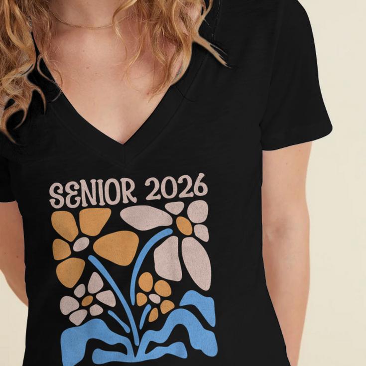 Senior 2026 Retro Groovy Flowers Graduation Women's Jersey Short Sleeve Deep V-Neck Tshirt