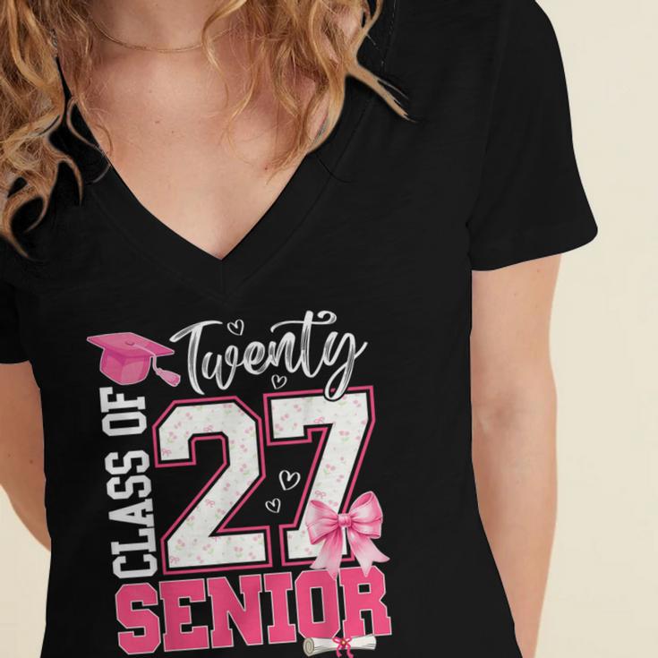 Senior 2027 Class Of 2027 Pink Coquette Bow Graduation Girl Women's Jersey Short Sleeve Deep V-Neck Tshirt
