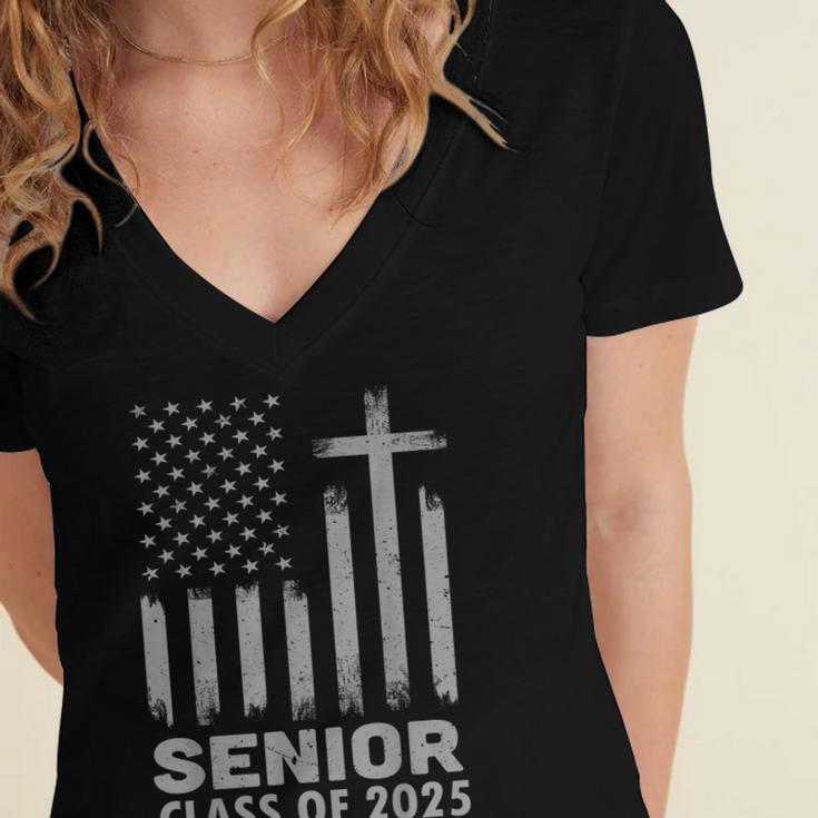 Senior Class Of 2025 USA Flag Cross Christian Graduation Women's Jersey Short Sleeve Deep V-Neck Tshirt