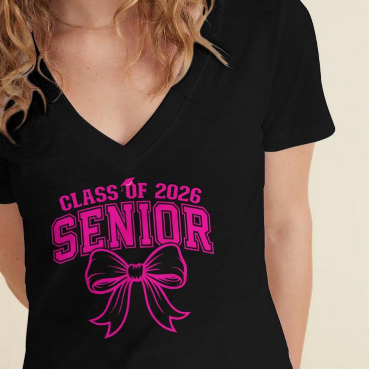 Senior Class Of 2026 Coquette Pink Bow Graduation 2026 Women's Jersey Short Sleeve Deep V-Neck Tshirt