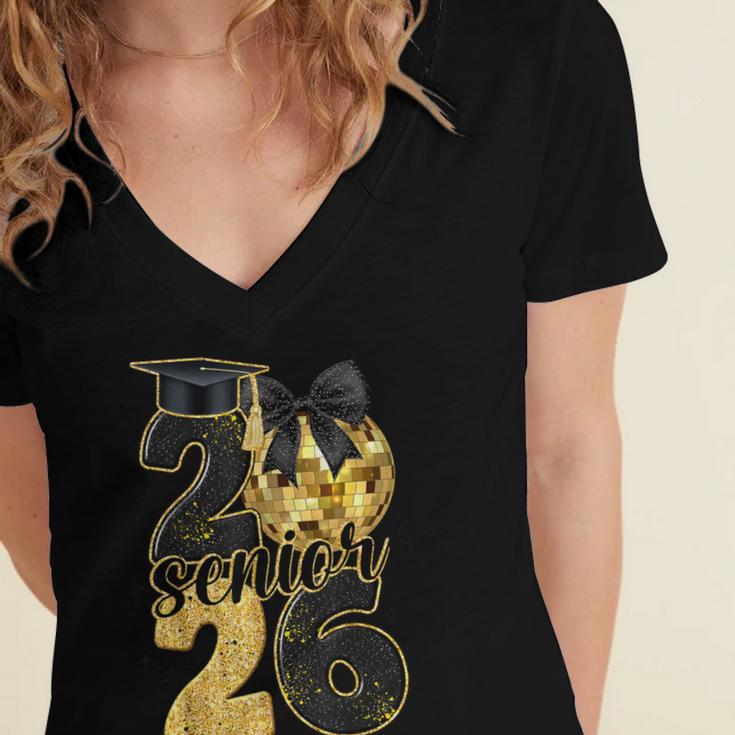 Senior Class Of 2026 Senior Girl Graduation Cap Coquette Bow Women's Jersey Short Sleeve Deep V-Neck Tshirt