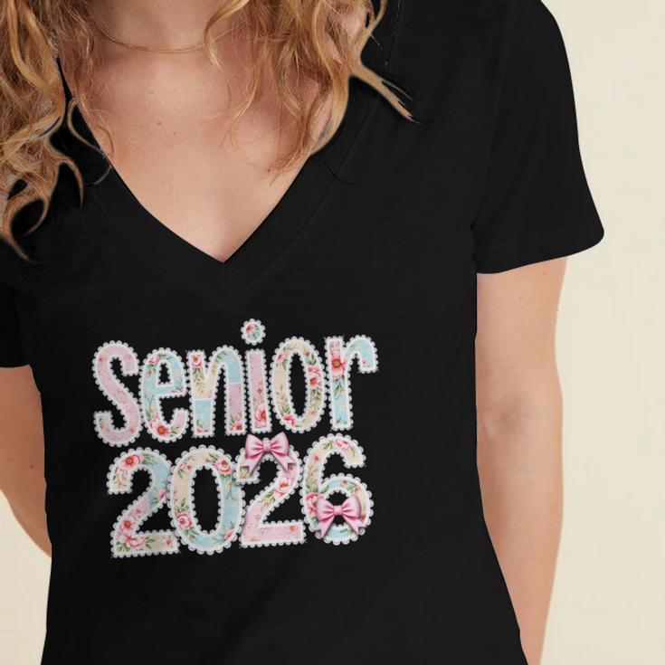 Senior Class Of 2026 Graduation 2026 Coquette Pink Bow Cute Women's Jersey Short Sleeve Deep V-Neck Tshirt