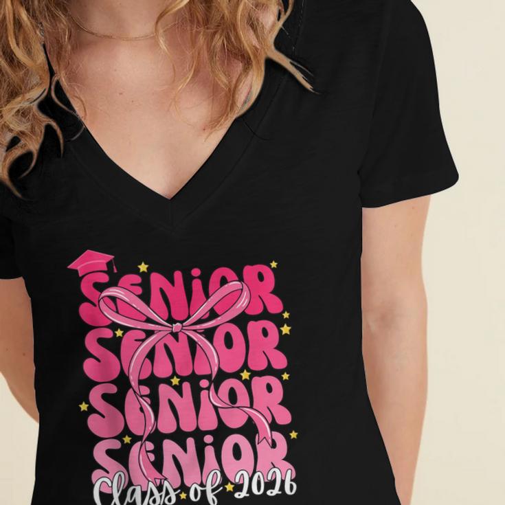 Senior Class Of 2026 Pink Coquette Bow Graduation 2026 Women's Jersey Short Sleeve Deep V-Neck Tshirt