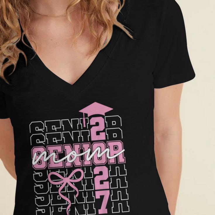 Senior Mom 2027 Class Of 2027 Coquette Bow Graduation 2027 Women's Jersey Short Sleeve Deep V-Neck Tshirt
