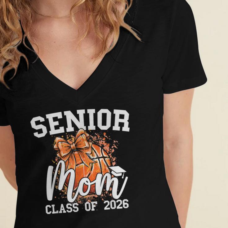 Senior Mom Class Of 2026 Coquette Bow Basketball Graduation Women's Jersey Short Sleeve Deep V-Neck Tshirt
