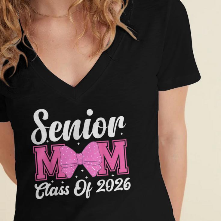 Senior Mom Class Of 2026 Pink Coquette Bow Graduation Women's Jersey Short Sleeve Deep V-Neck Tshirt