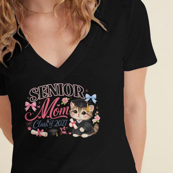 Senior Mom Class Of 2027 Cute Cat Graduation Pink Bows Girls Women's Jersey Short Sleeve Deep V-Neck Tshirt