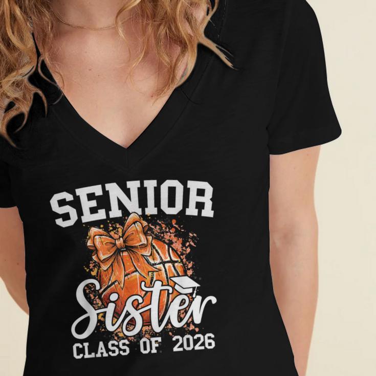 Senior Sister Class Of 2026 Coquette Basketball Graduation Women's Jersey Short Sleeve Deep V-Neck Tshirt