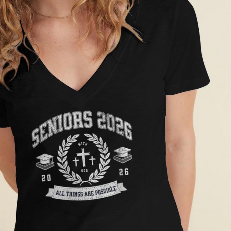 Seniors Class Of 2026 Christian Graduation Religious Grad Women's Jersey Short Sleeve Deep V-Neck Tshirt