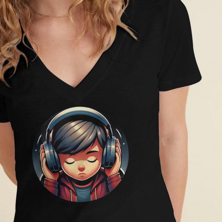 Serene Music Enthusiast With Headphones Introvert Cute Boy Women's Jersey Short Sleeve Deep V-Neck Tshirt Serene Music Enthusiast With Headphones Introvert Cute Boy Women's Jersey Short Sleeve Deep V-Neck Tshirt