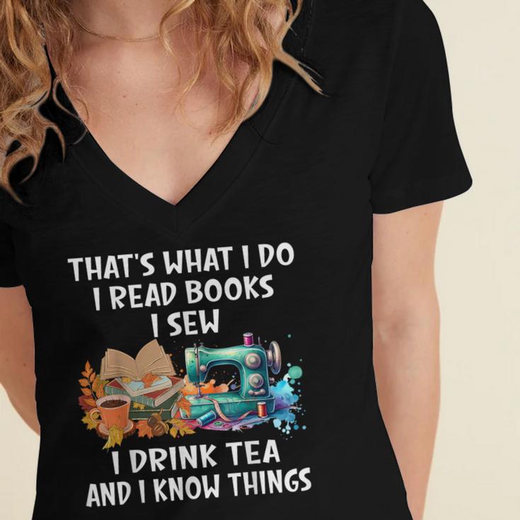 Sewing Reading Books Drinking Tea Sew Sewist Women's Jersey Short Sleeve Deep V-Neck Tshirt