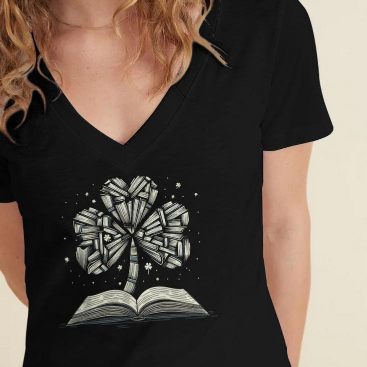 Shamrock Books St Patricks Day Bookworm Librarian Women's Jersey Short Sleeve Deep V-Neck Tshirt