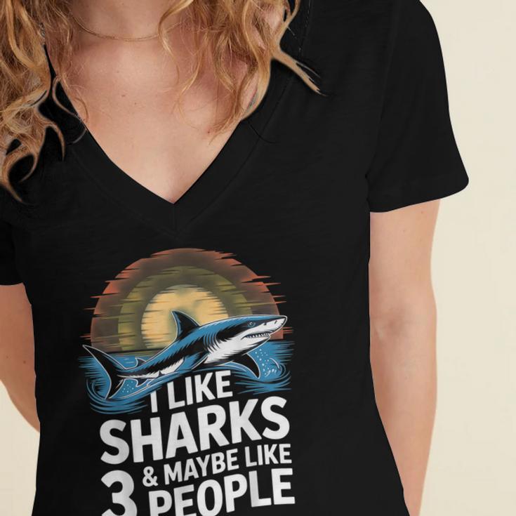 I Like Sharks & Maybe Like 3 People Humor Introverts Summer Women's Jersey Short Sleeve Deep V-Neck Tshirt