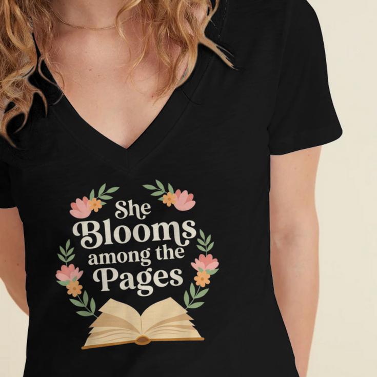 She Blooms Among The Pages Women Mom Wife Floral Book Quote Women's Jersey Short Sleeve Deep V-Neck Tshirt She Blooms Among The Pages Women Mom Wife Floral Book Quote Women's Jersey Short Sleeve Deep V-Neck Tshirt
