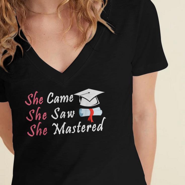 She Came She Saw She Mastered Graduation Women's Jersey Short Sleeve Deep V-Neck Tshirt