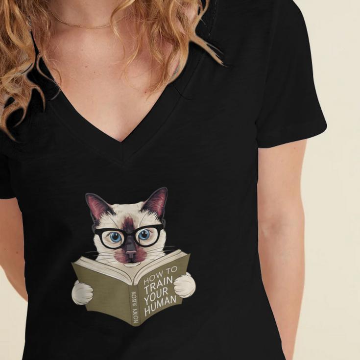 Siamese Cat Reading Book How To Train Your Human Humorous Women's Jersey Short Sleeve Deep V-Neck Tshirt